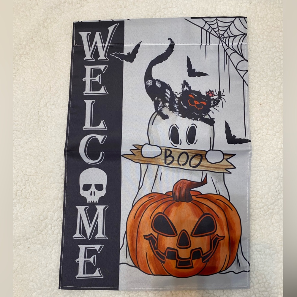 Halloween Welcome Flag with Ghost and Pumpkin